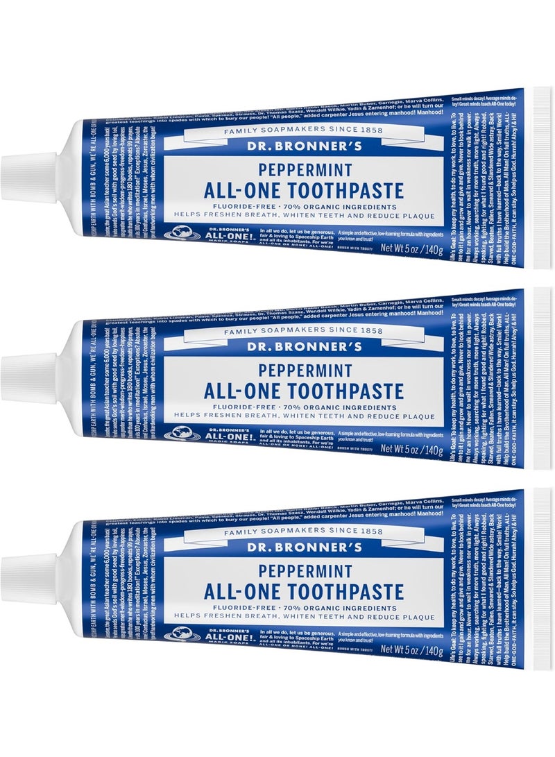 Dr. Bronner's All-One Toothpaste Pack of 3- Peppermint, 5 oz- Fluoride-Free Toothpaste for Adults, SLS-Free, 70% Organic & Natural Ingredients, Vegan, Helps Freshen Breath & Reduce Plaque